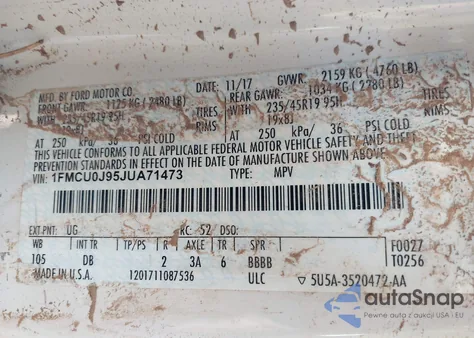 2018 Ford Escape Titanium z USA, uszkodzony, nr VIN 1FMCU0J95JUA71473